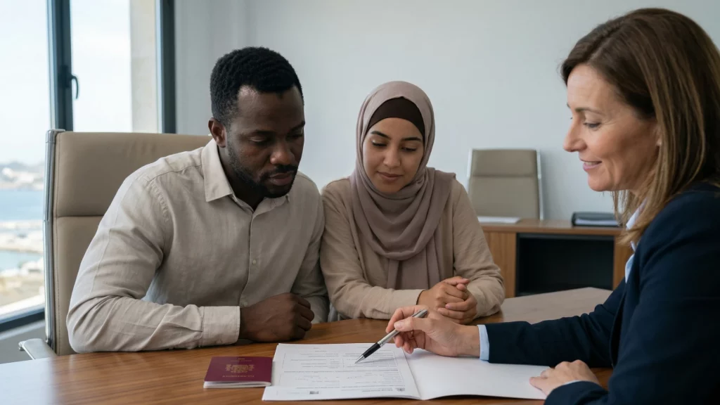 Imagen de una pareja solicitando el arraigo social en España