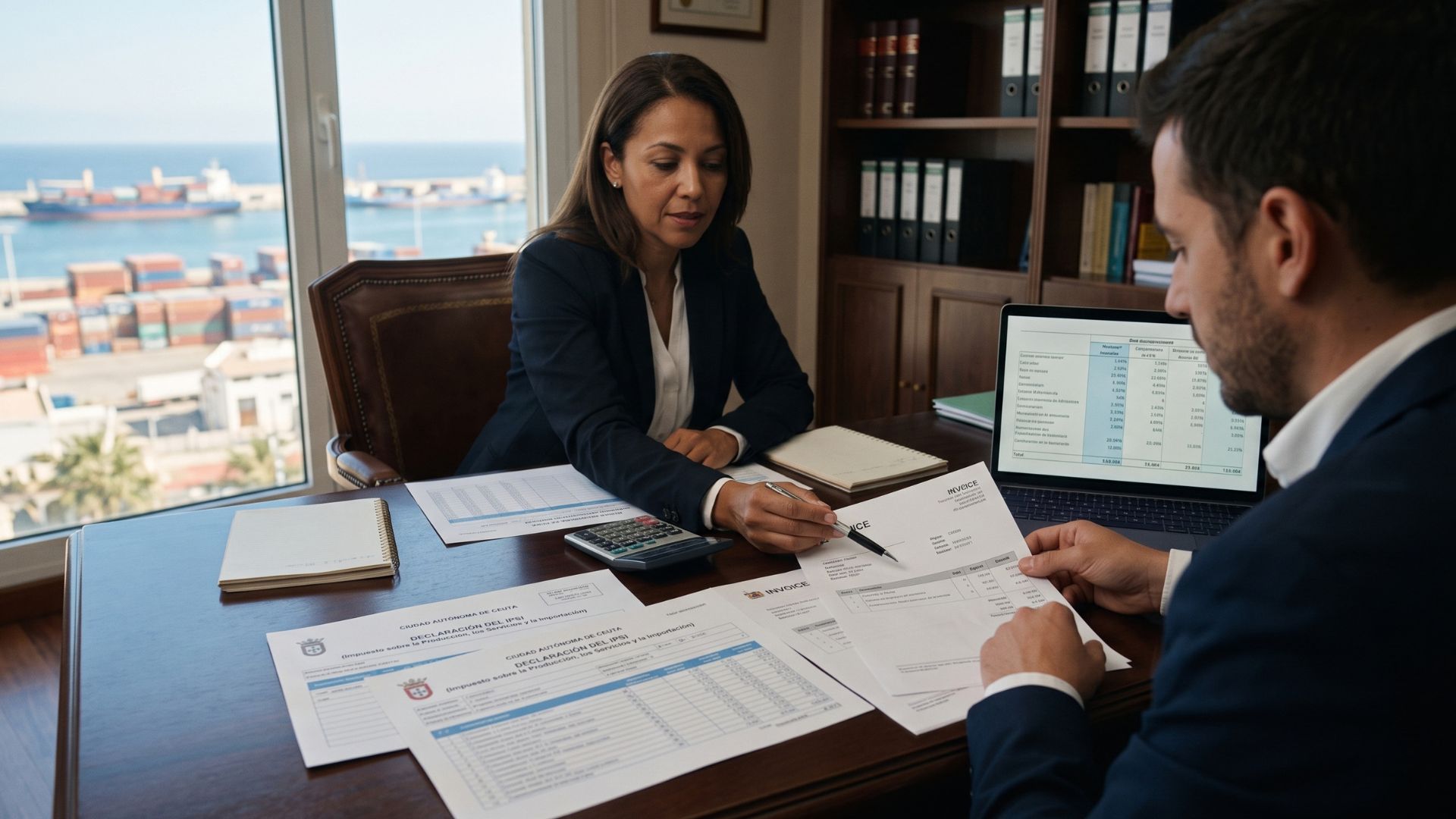 Una abogada y un cliente analizan de manera colaborativa documentos fiscales y facturas sobre un escritorio de madera en el despacho