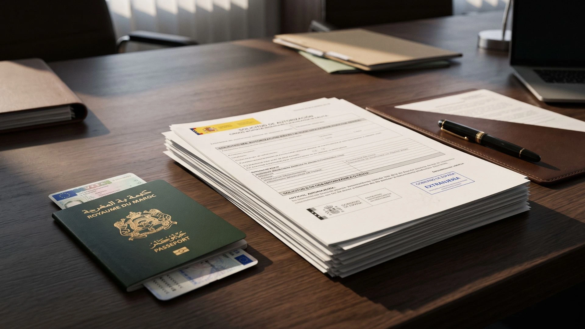 Un pasaporte marroquí junto a documentos y formularios de extranjería sobre un escritorio de oficina, para la solicitud del visado para trabajar o estudiar en Ceuta