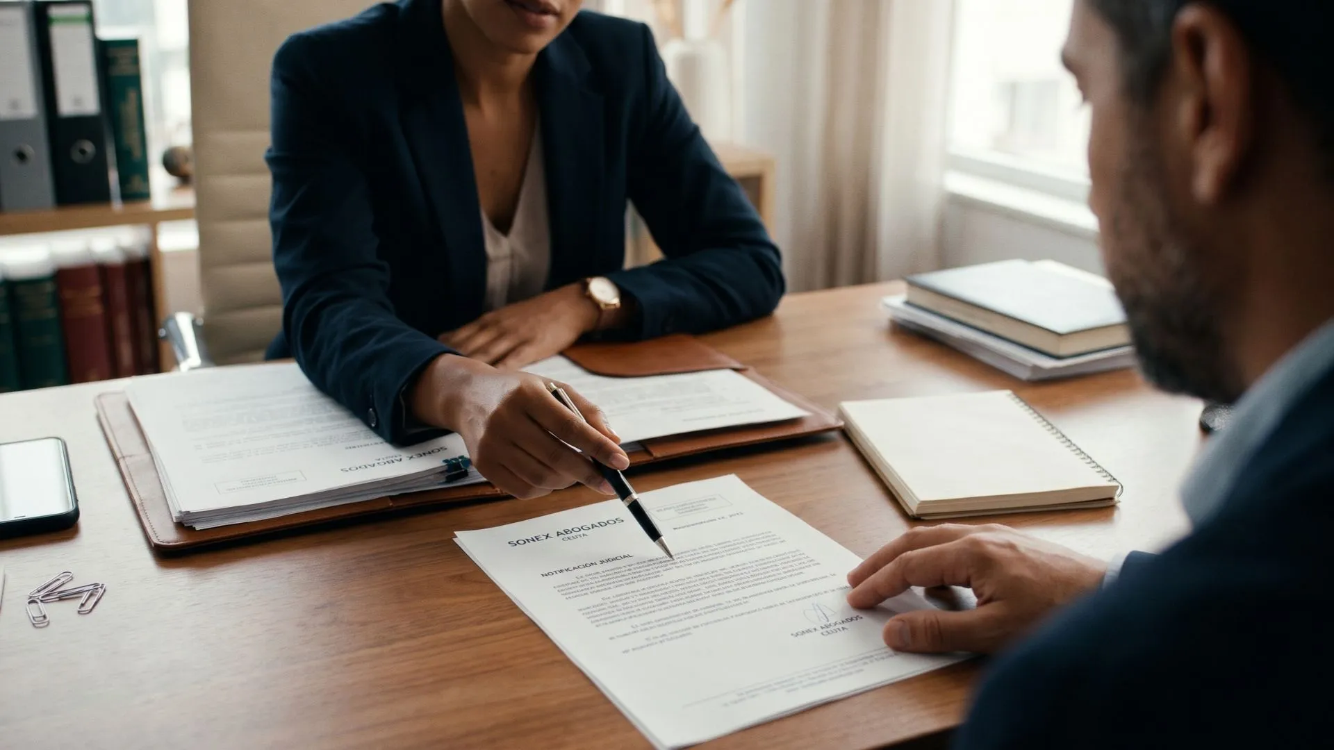 Una abogada en su despacho señala una guía con un bolígrafo un párrafo de un documento legal o contrato a un cliente durante una consulta profesional, con carpetas y libros jurídicos de fondo.
